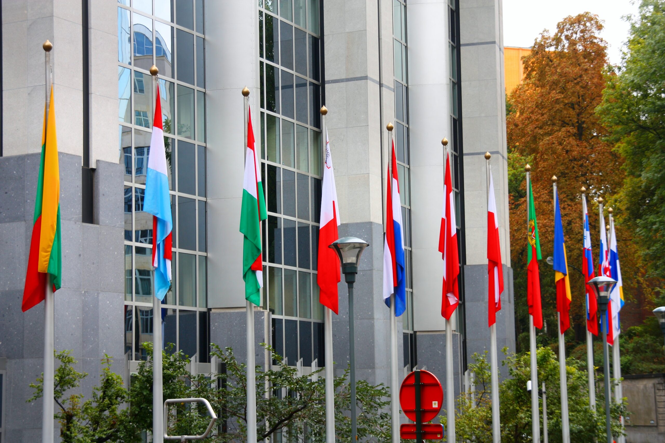 Banderas de Estados miembros frente al Parlamento Europeo en Bruselas, origen del Reglamento MiCA