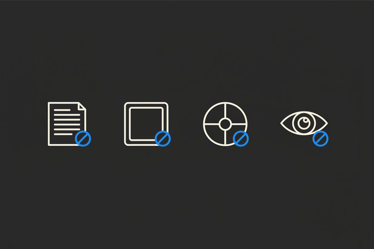 Cuatro iconos outline (documento, registro, token, ojo supervisor) con símbolos de prohibición cobalto, las cuatro cosas que un banco con notificación CASP MiCA NO puede hacer