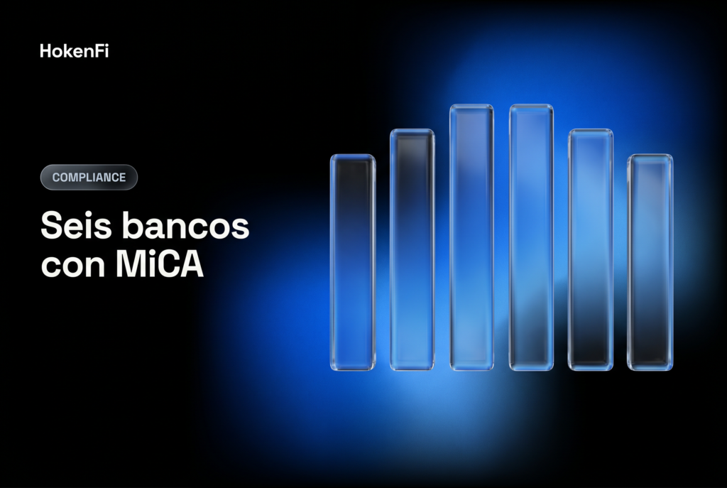Seis columnas verticales en vidrio líquido alineadas sobre mesh gradient cobalto — los seis bancos españoles con notificación MiCA art. 60 a mayo 2026