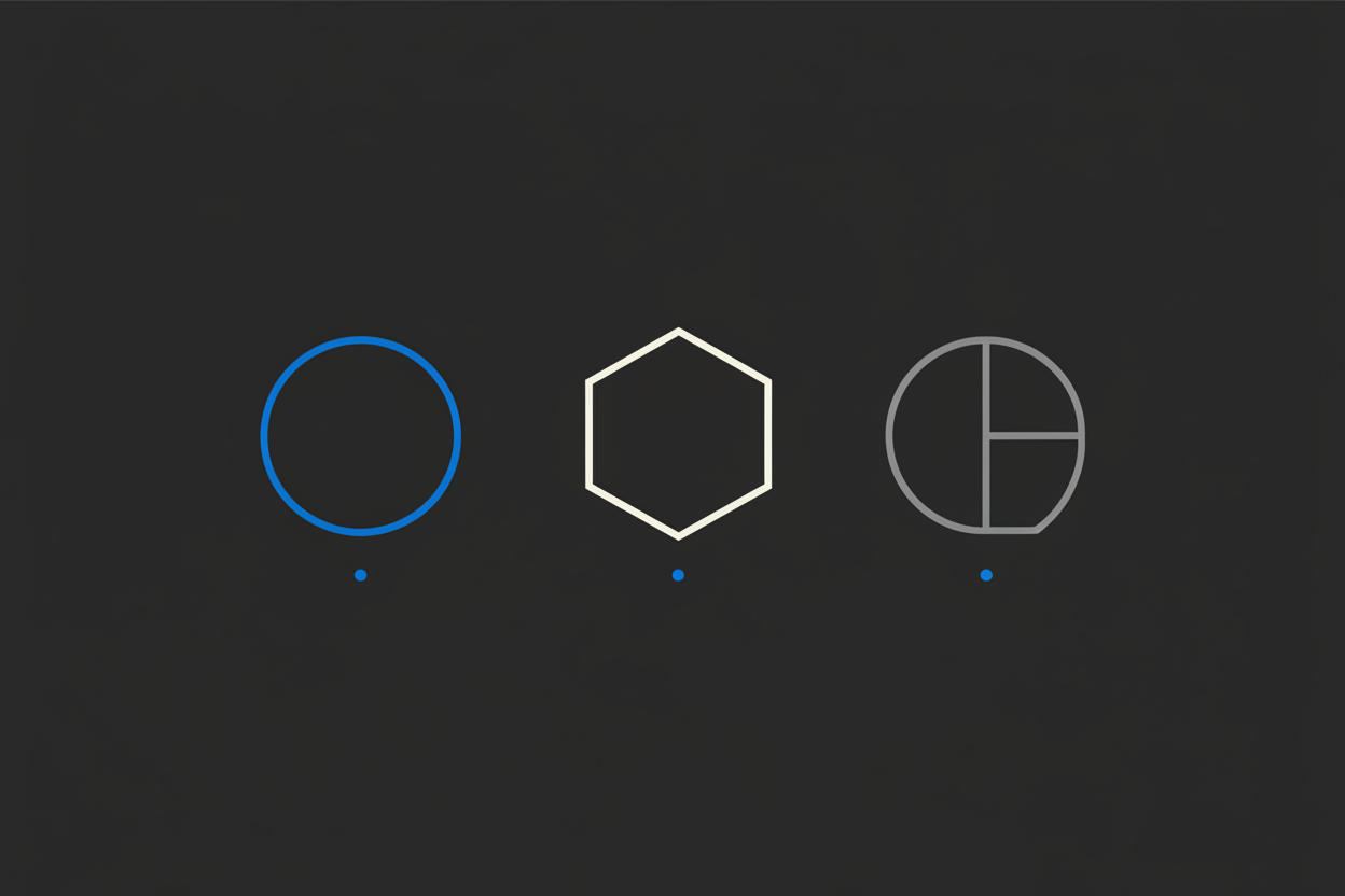 Tres formas geométricas outline (círculo cobalto, hexágono blanco, forma combinada gris) representando EMT, utility token y token híbrido