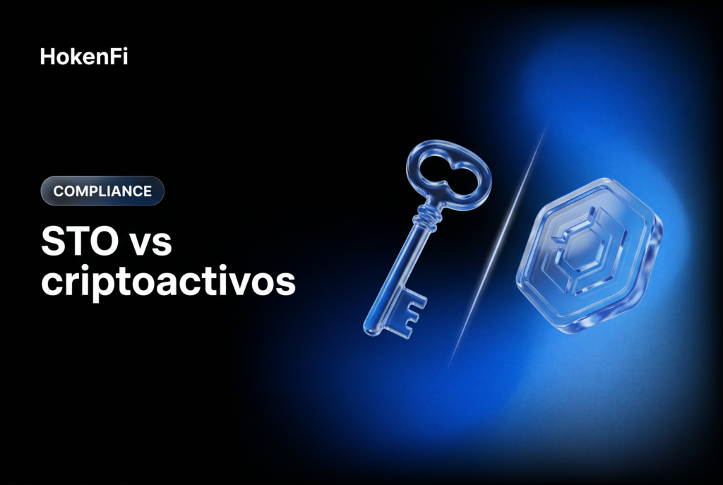 Llave clásica y ficha hexagonal cripto enfrentadas en vidrio líquido sobre fondo cobalto — security token (LMVSI) vs criptoactivo (MiCA)