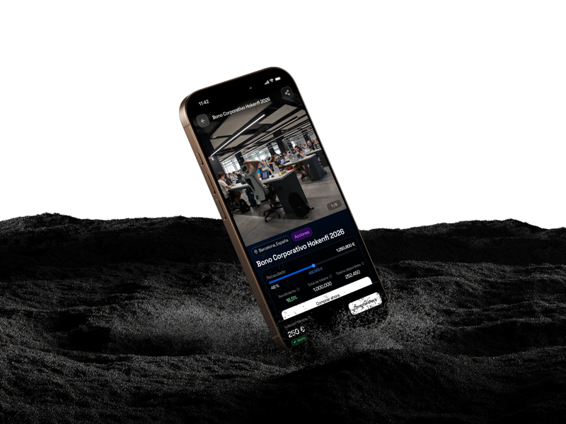 Mockup de HokenFi en iPhone 16 Pro para gestión móvil de security tokens