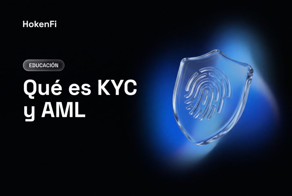 Ilustración de KYC y AML: escudo de verificación de identidad con huella dactilar en vidrio líquido sobre fondo cobalto de HokenFi