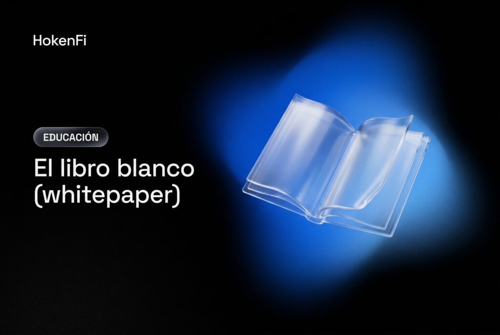 Ilustración del libro blanco MiCA whitepaper: documento abierto de vidrio líquido, HokenFi