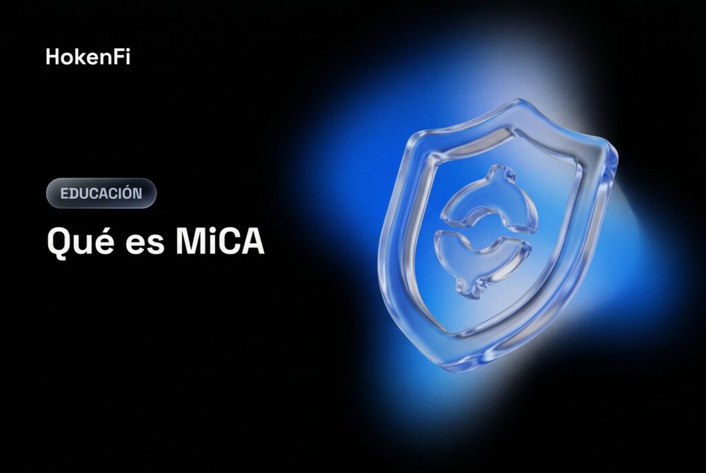 Ilustración de qué es MiCA: marco europeo de vidrio líquido que protege un cripto-token sobre fondo cobalto de HokenFi