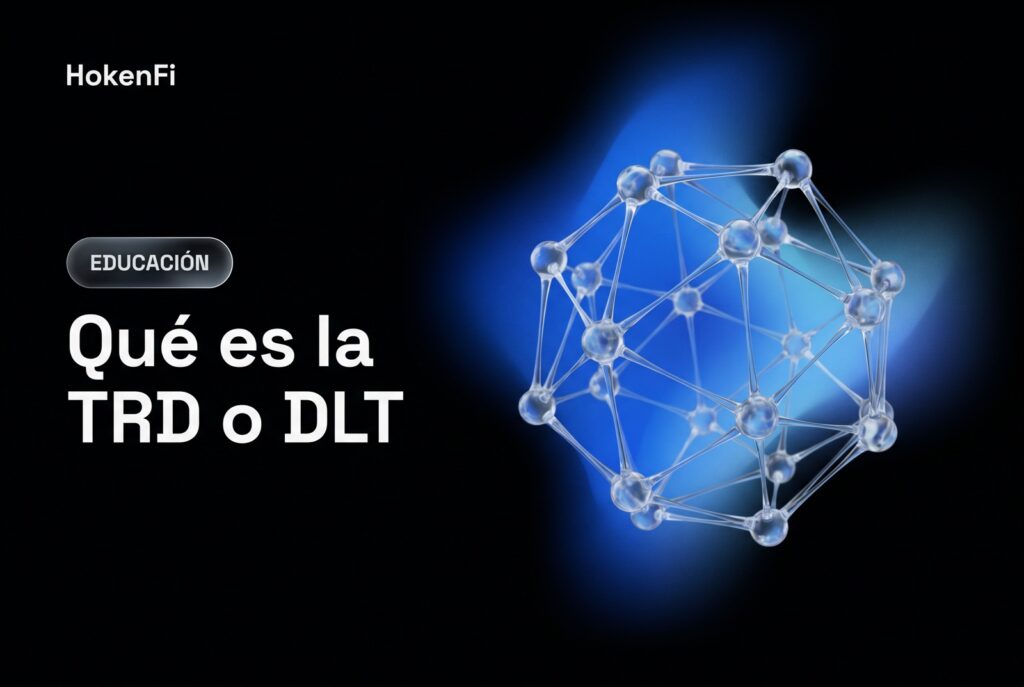 Ilustración de la TRD o DLT: malla de nodos distribuidos de vidrio líquido, registros distribuidos, HokenFi