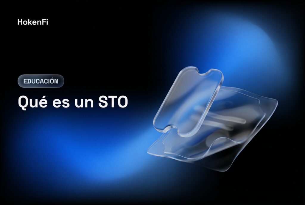 Ilustración de qué es un STO (security token offering): token de vidrio líquido emergiendo de un certificado de valor sobre fondo cobalto de HokenFi