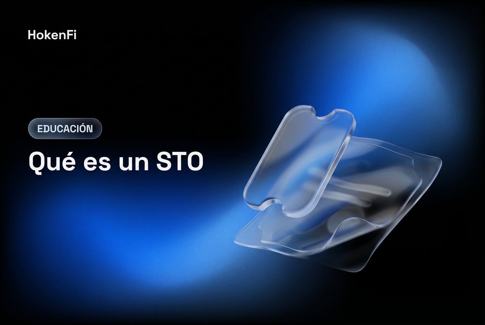 Ilustración de qué es un STO (security token offering): token de vidrio líquido emergiendo de un certificado de valor sobre fondo cobalto de HokenFi