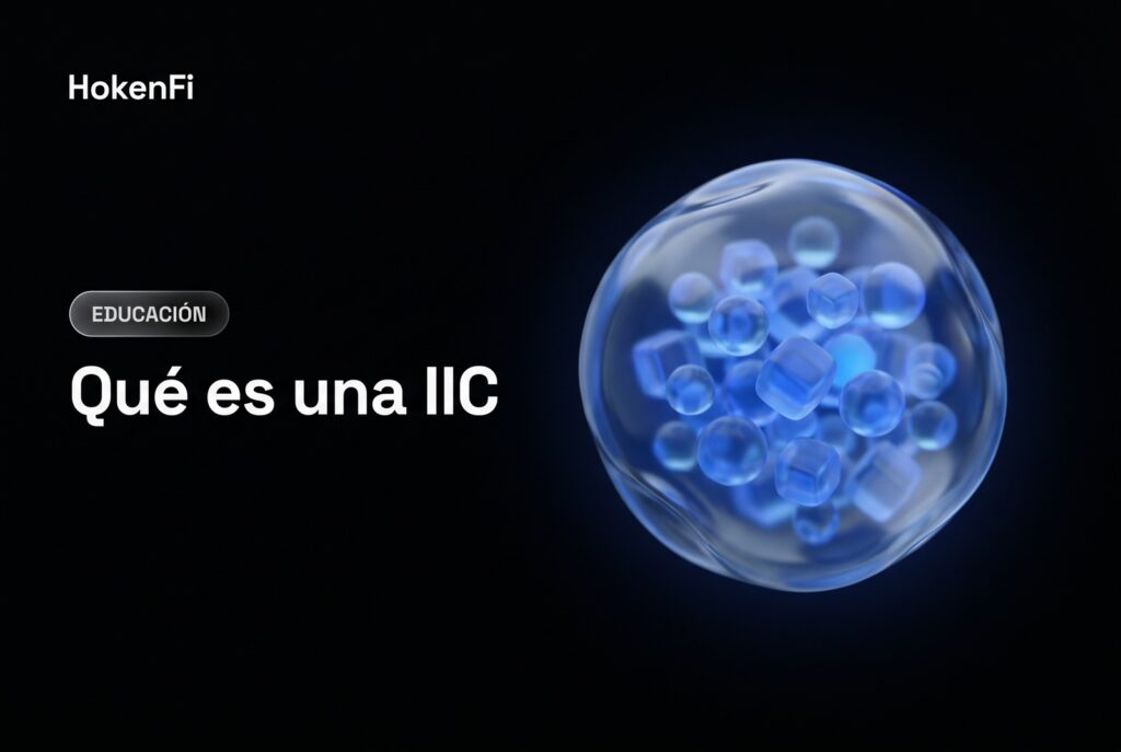 Ilustración de una institución de inversión colectiva: esfera de vidrio líquido agrupando muchos activos, HokenFi
