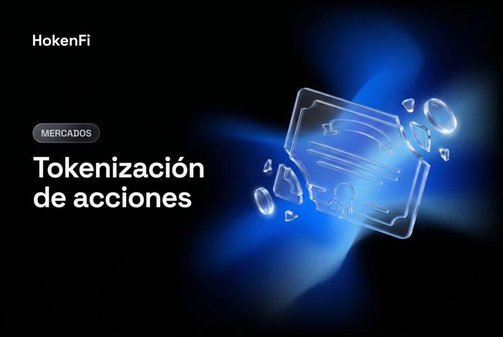Tokenización de acciones: certificado de acción dividiéndose en participaciones-token en vidrio líquido — HokenFi