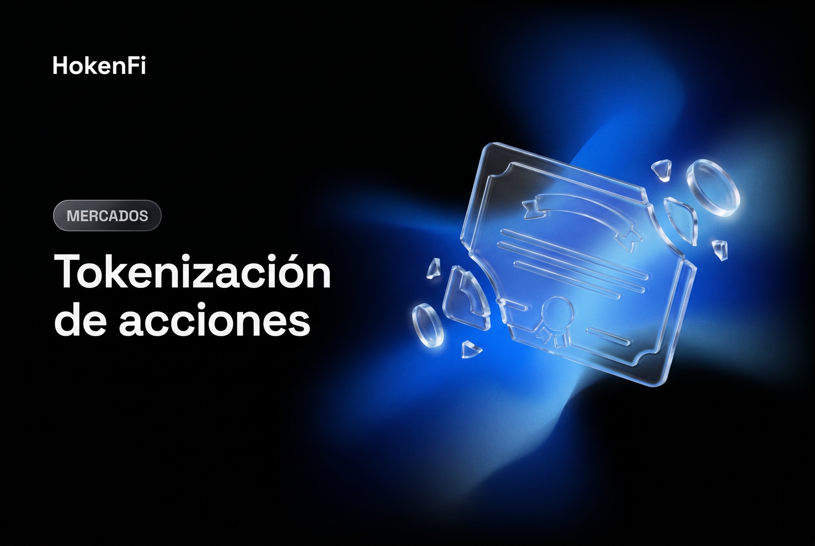 Tokenización de acciones: certificado de acción dividiéndose en participaciones-token en vidrio líquido — HokenFi