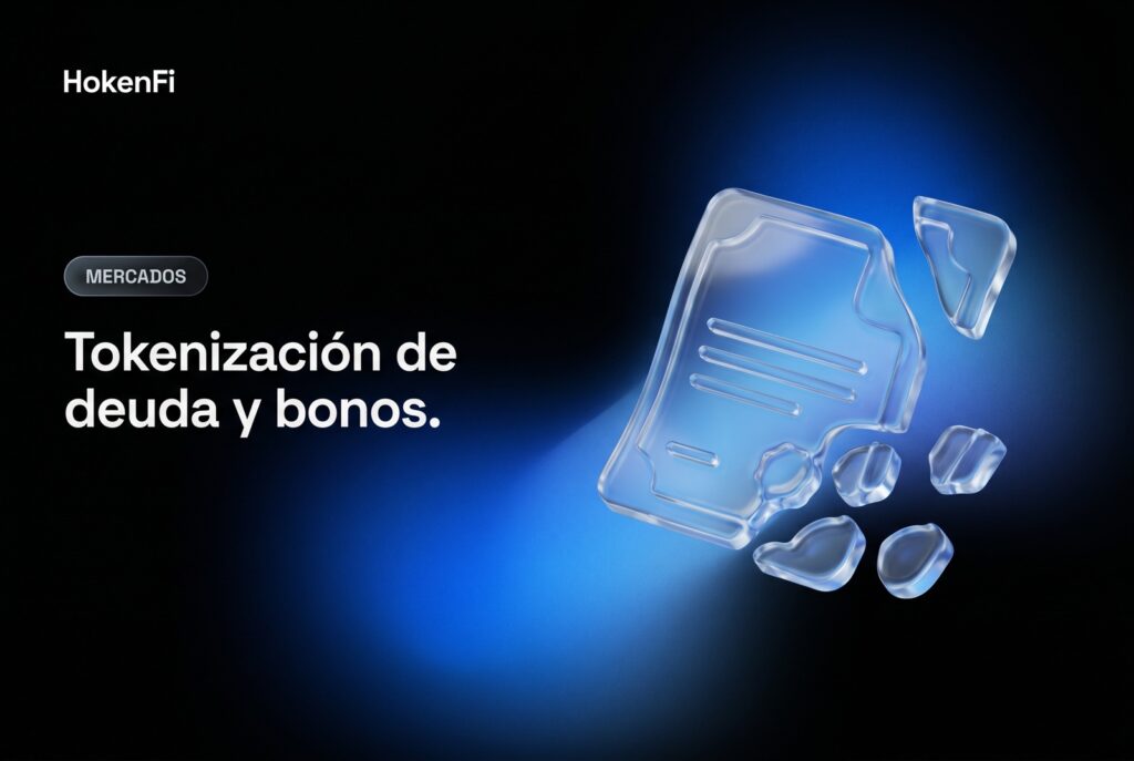 Tokenización de deuda y bonos: certificado de deuda fragmentándose en fichas-token en vidrio líquido — HokenFi